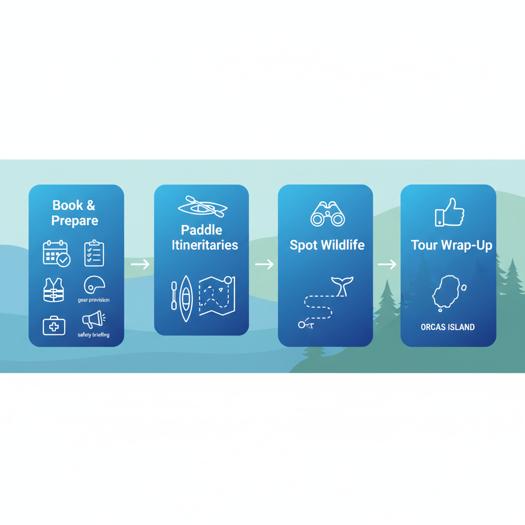 Process flow diagram of the four stages in guided kayak tours on Orcas Island: booking and preparation, on-water paddling, wildlife spotting, and post-tour wrap-up