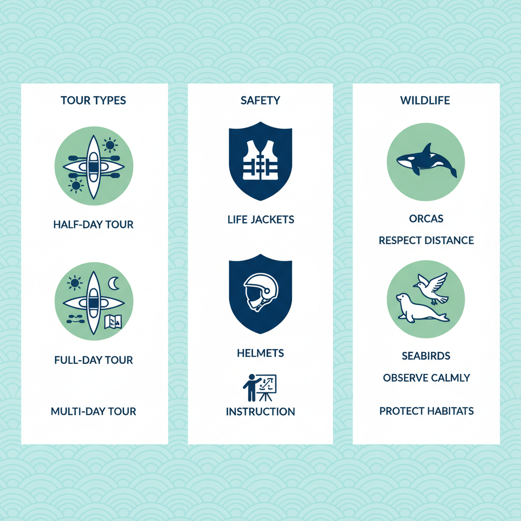Infographic showing essentials of guided kayak tours including types, safety, and wildlife in San Juan Islands