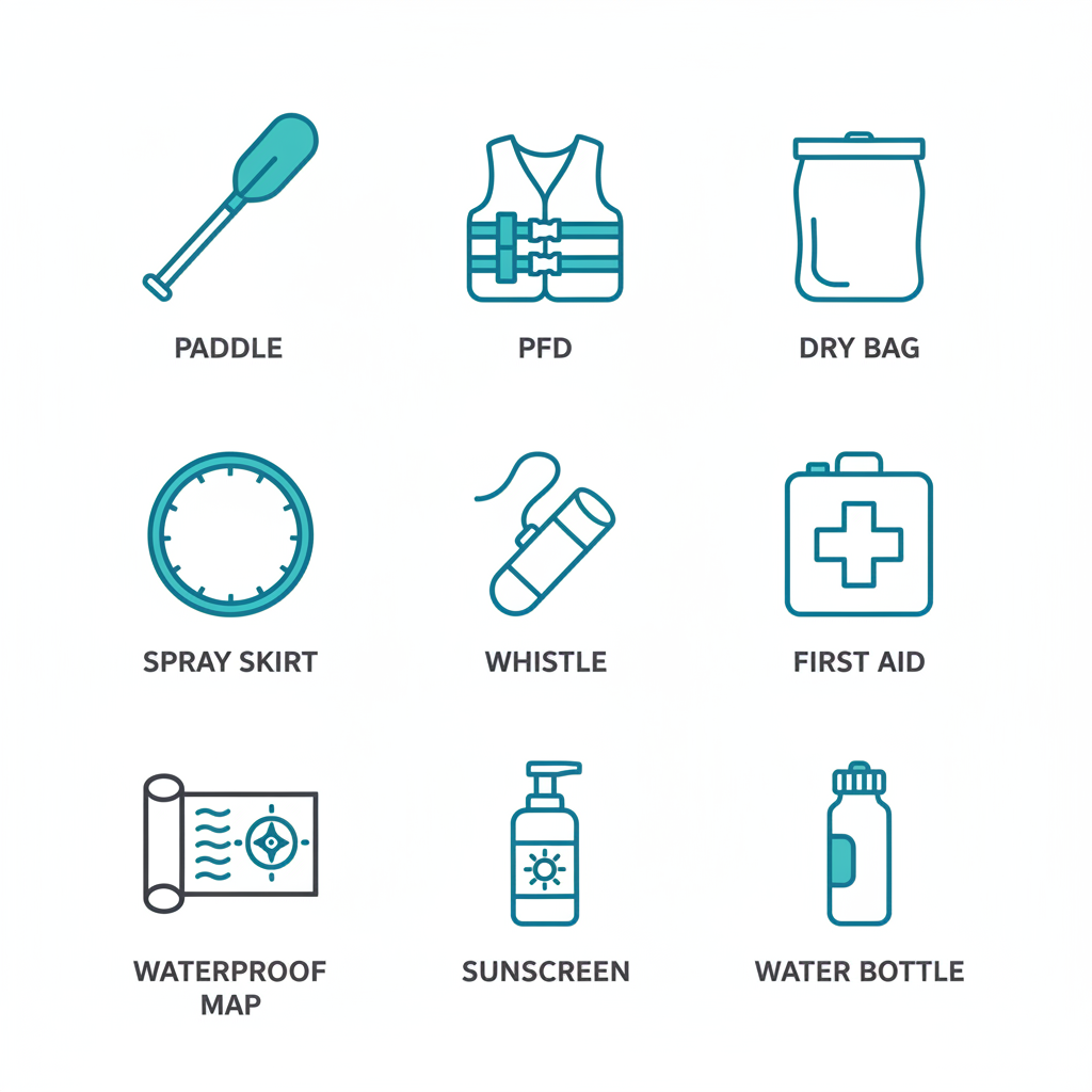 Icon set of essential kayak rental equipment including paddle, life vest, dry bag, spray skirt, whistle, first aid kit, waterproof map, sunscreen, and water bottle