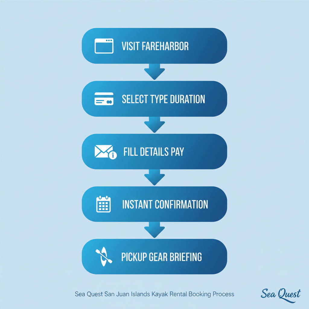 Vertical process flow illustrating the five steps to book a kayak rental in the San Juan Islands, featuring icons for each stage.