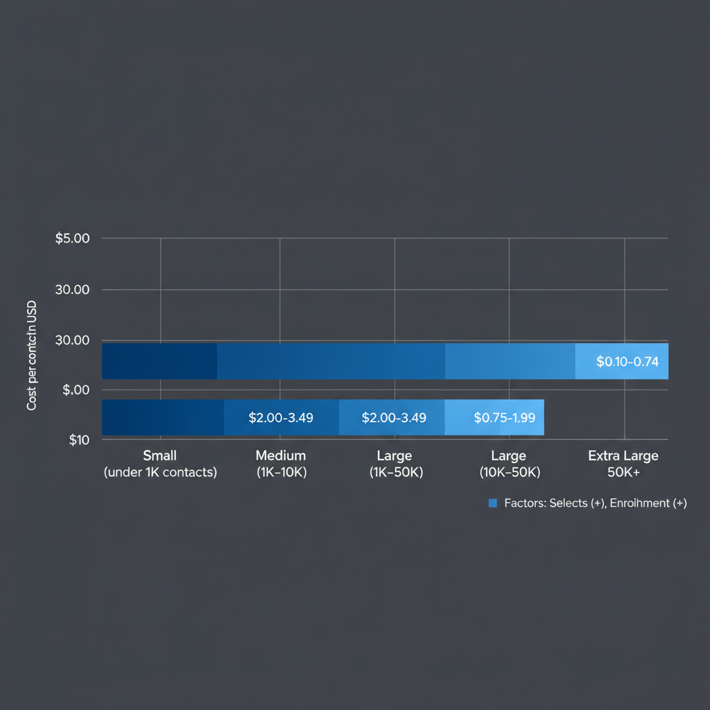Horizontal bar chart of pricing tiers for direct mailing lists by order volume, showing cost per contact discounts.