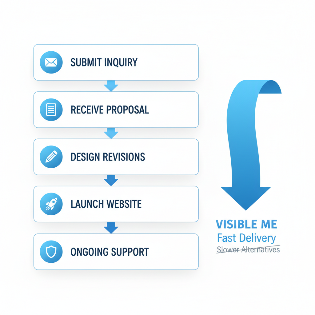 Vertical flowchart illustrating the five-step process to launch a website with Visible Me, from inquiry to ongoing support