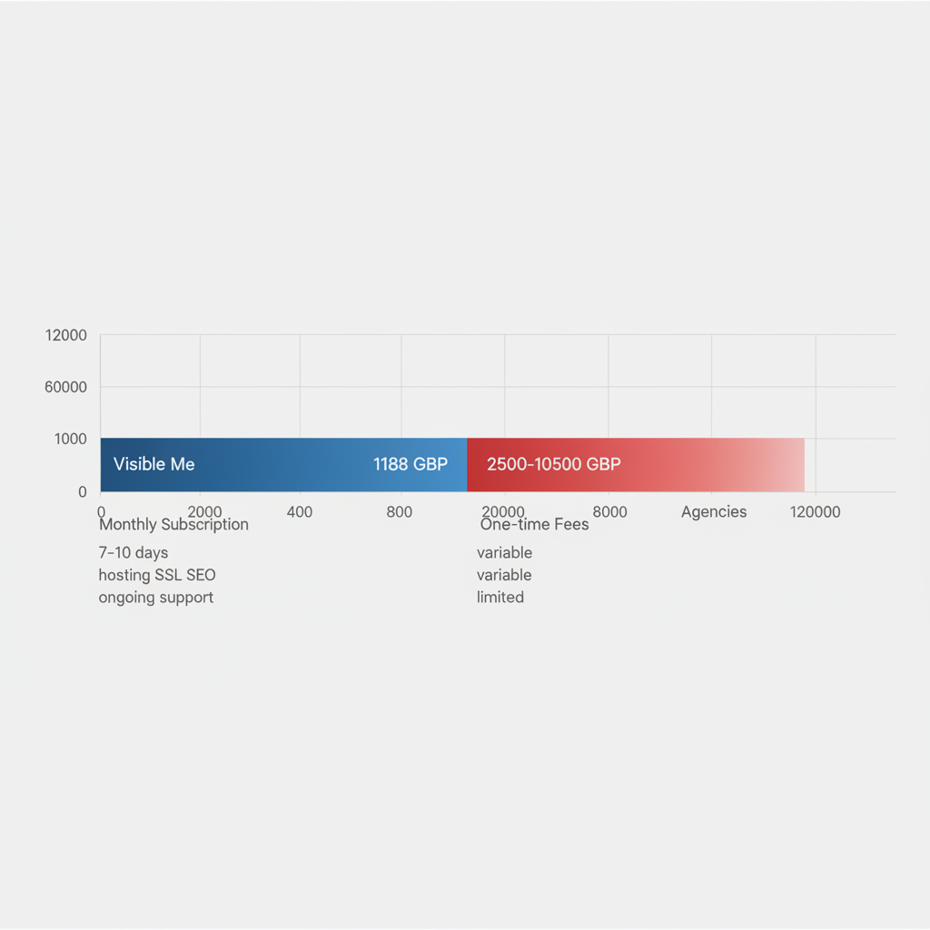 Horizontal bar chart comparing first-year UK web design costs: Visible Me subscription at 1188 GBP versus agency one-time fees at 2500-10500 GBP