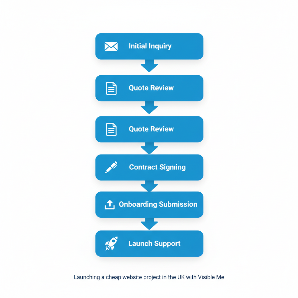 Vertical process flow diagram outlining five steps to launch a cheap website project in the UK