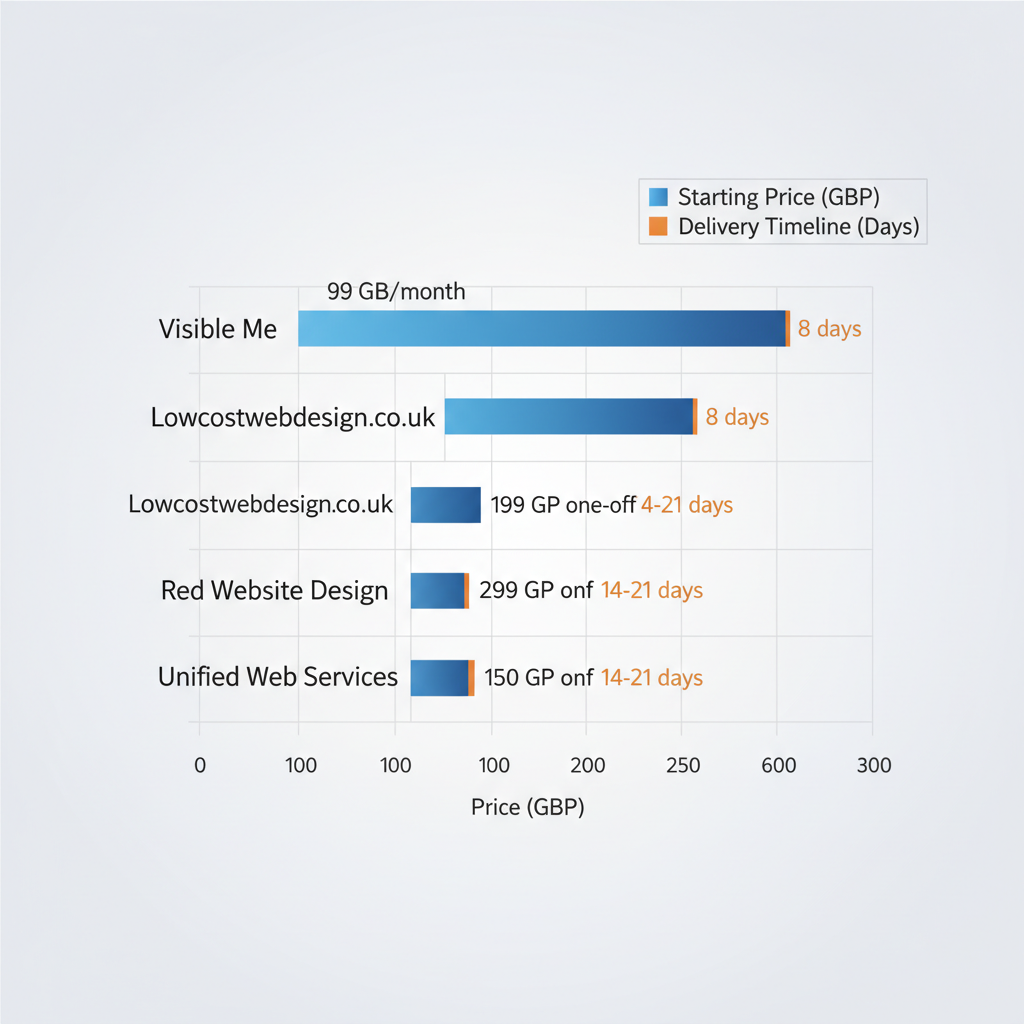 Horizontal bar chart comparing starting prices and delivery timelines of low-cost UK web design providers