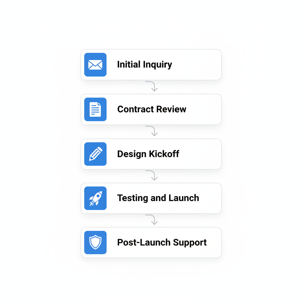 Vertical process flow illustrating the five stages to launch a website with Visible Me: initial inquiry, contract review, design kickoff, testing and launch, post-launch support.