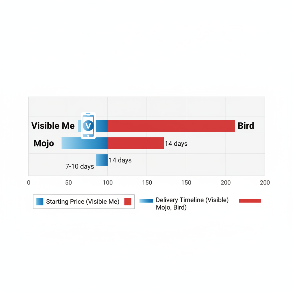 Horizontal bar chart comparing starting monthly prices and delivery timelines of UK website providers Visible Me, Mojo, and Bird
