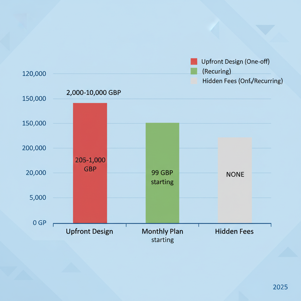 Bar chart comparing upfront costs of one-off websites versus affordable monthly subscription plans in the UK.