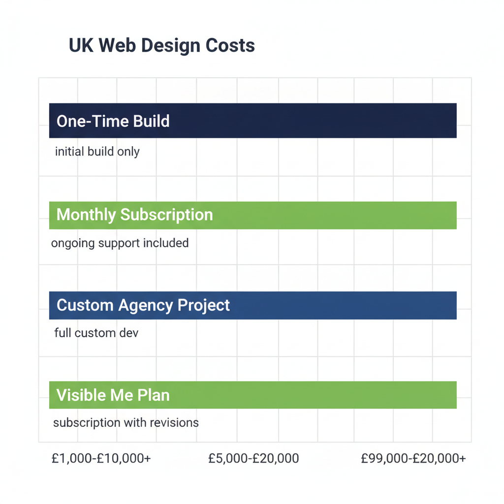 Horizontal bar chart comparing UK web design costs: one-time builds versus monthly subscriptions in GBP
