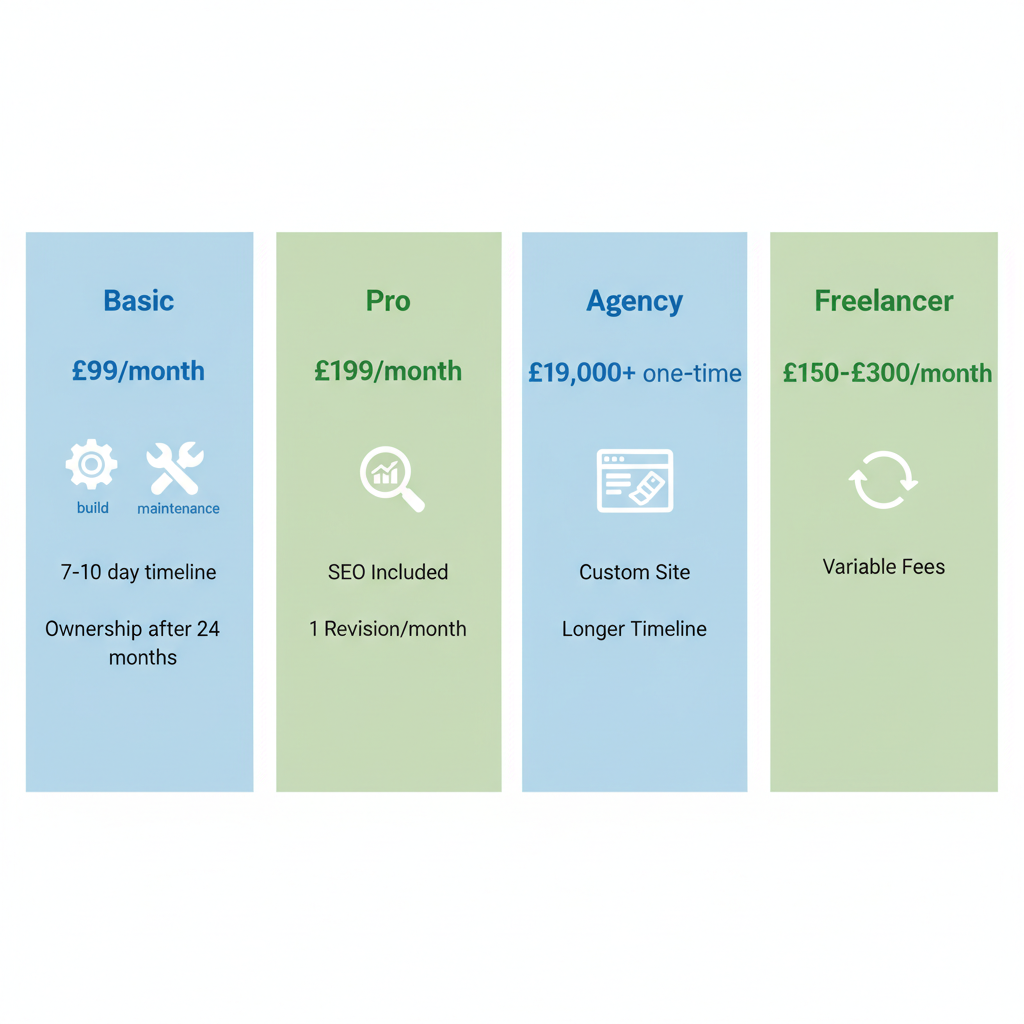 Infographic comparing four UK web design packages with pricing, features, and timelines