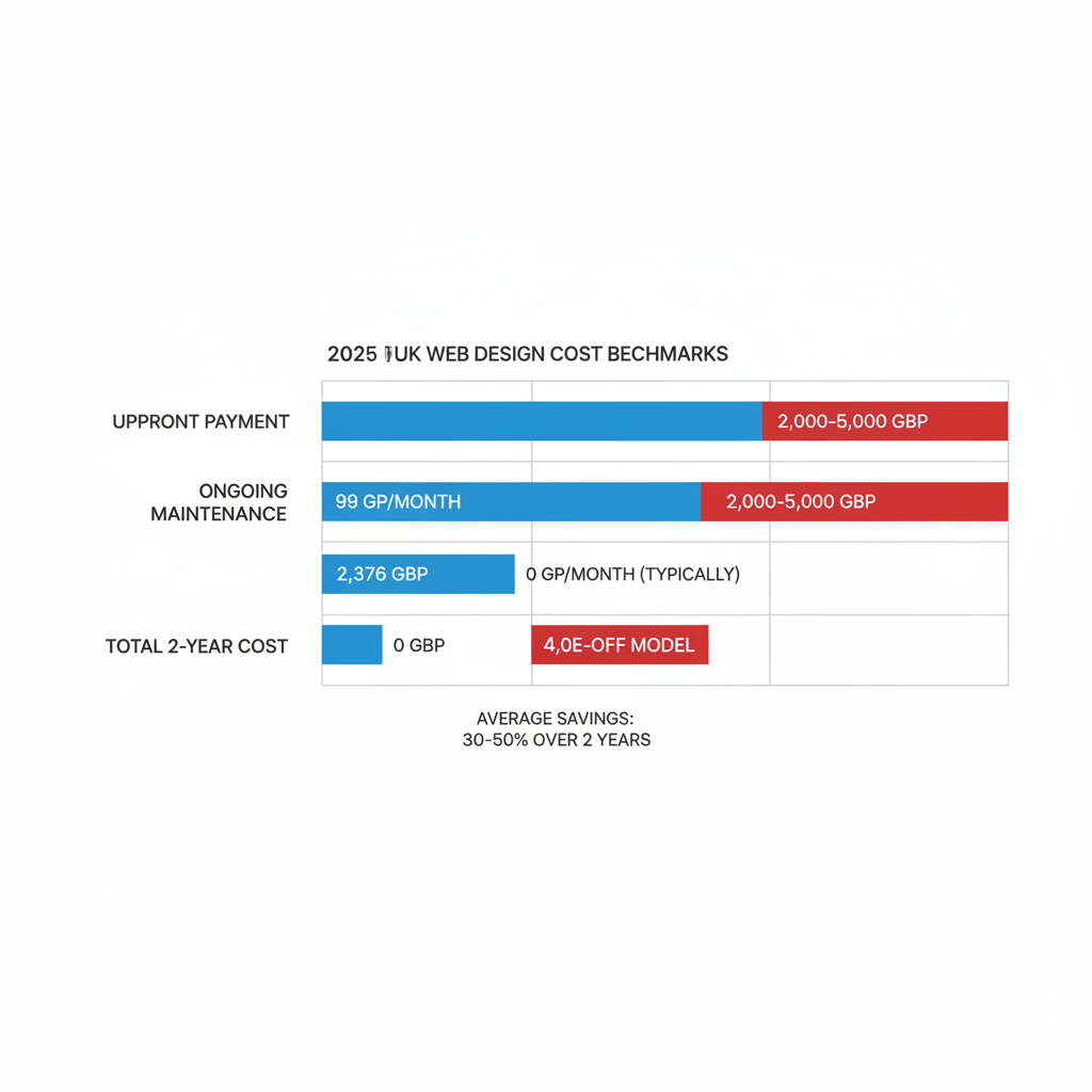 Horizontal bar chart comparing pay monthly web design costs versus traditional one-off builds in the UK, showing categories and savings.
