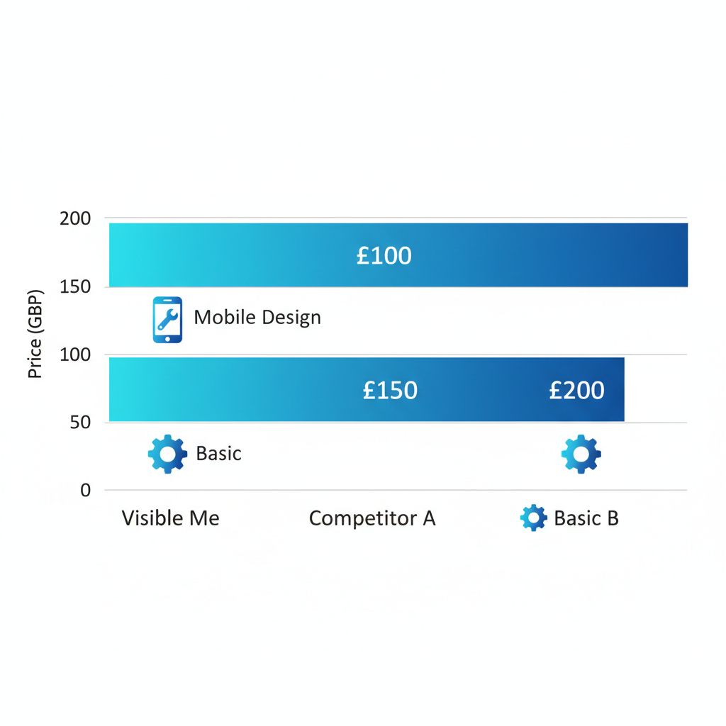 Horizontal bar chart comparing starting monthly prices of UK web design providers Visible Me, Competitor A, and Competitor B