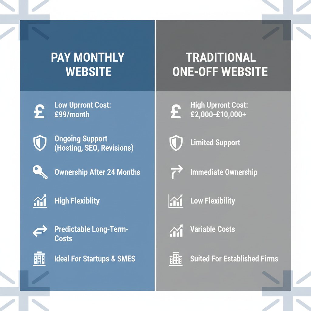 Infographic comparing pay monthly web design costs and benefits versus traditional one-off models for UK small businesses