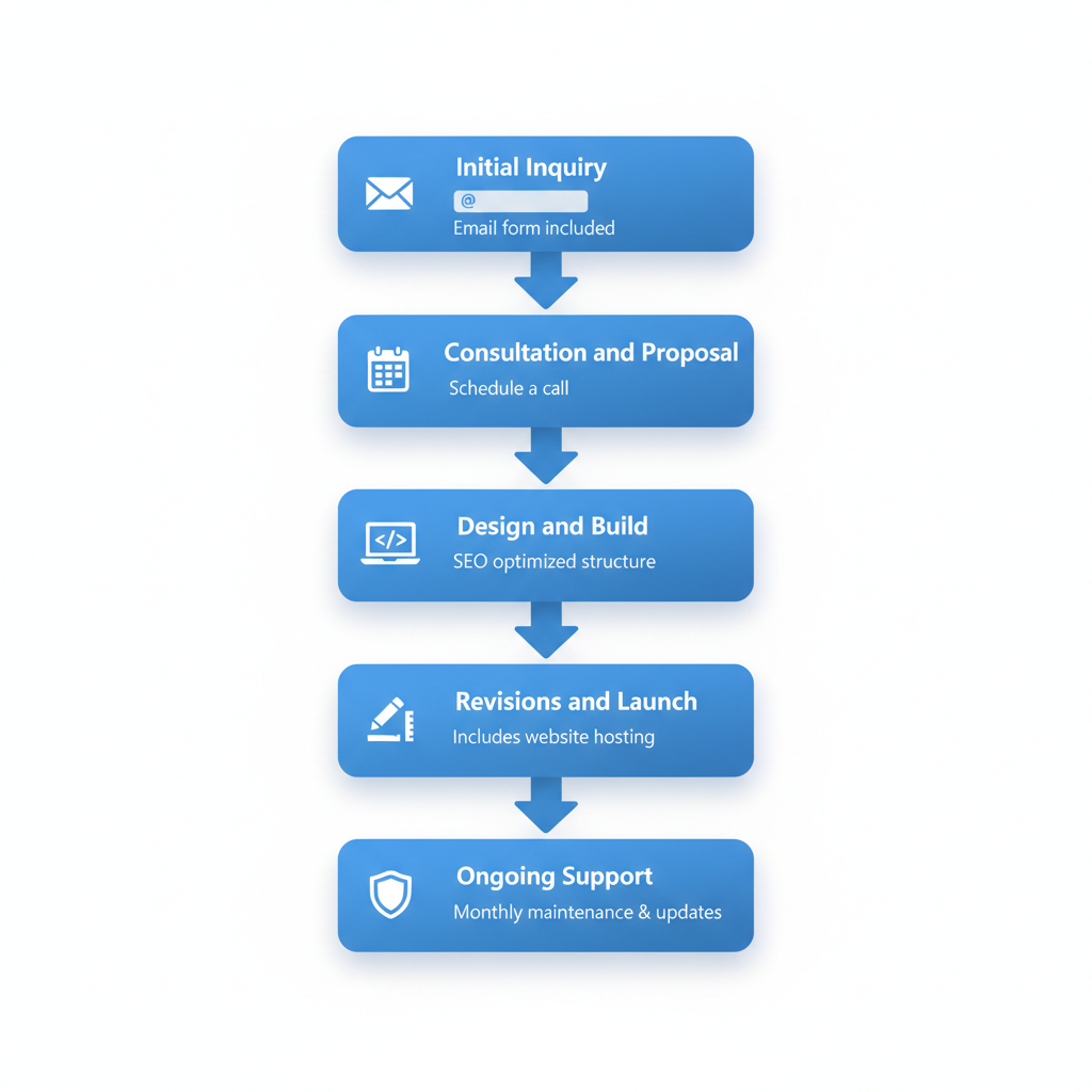 Vertical process flow diagram showing the five stages of monthly web design subscription process.