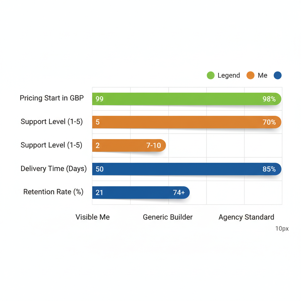Horizontal bar chart comparing pay monthly website providers Visible Me, Generic Builder, and Agency Standard by pricing, support level, delivery time, and retention rate for UK small businesses