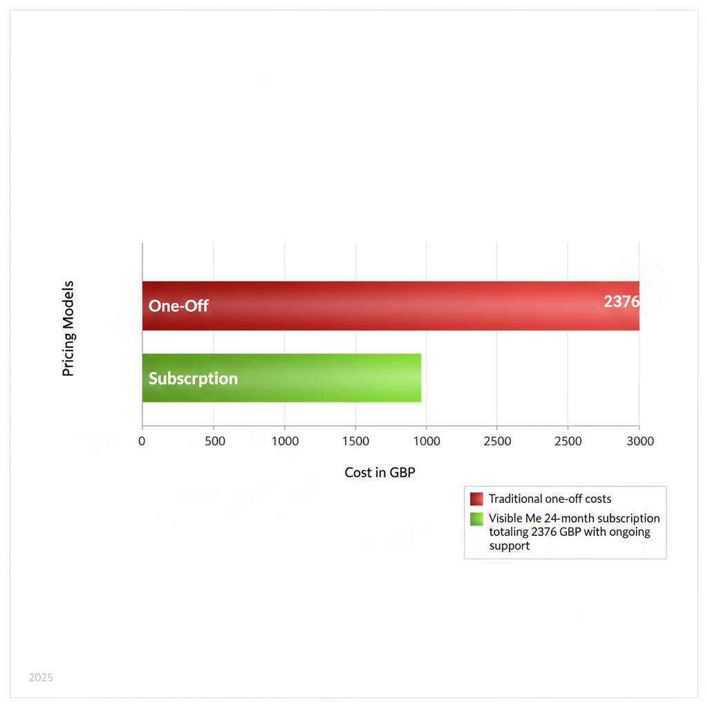 Horizontal bar chart comparing traditional one-off website costs to Visible Me subscription pricing for UK businesses.