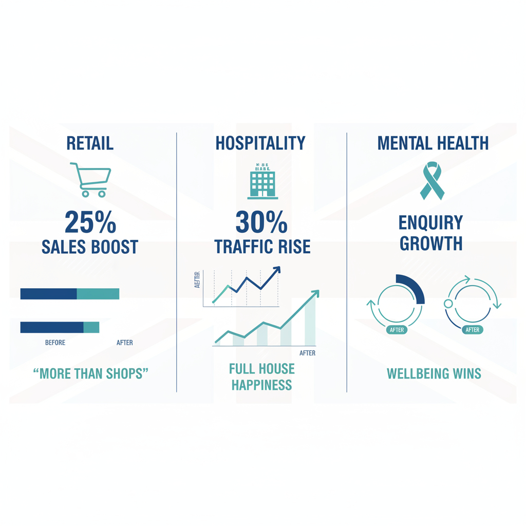 Infographic displaying Visible Me case studies with metrics for retail sales boost, hospitality traffic increase, and mental health enquiry growth.