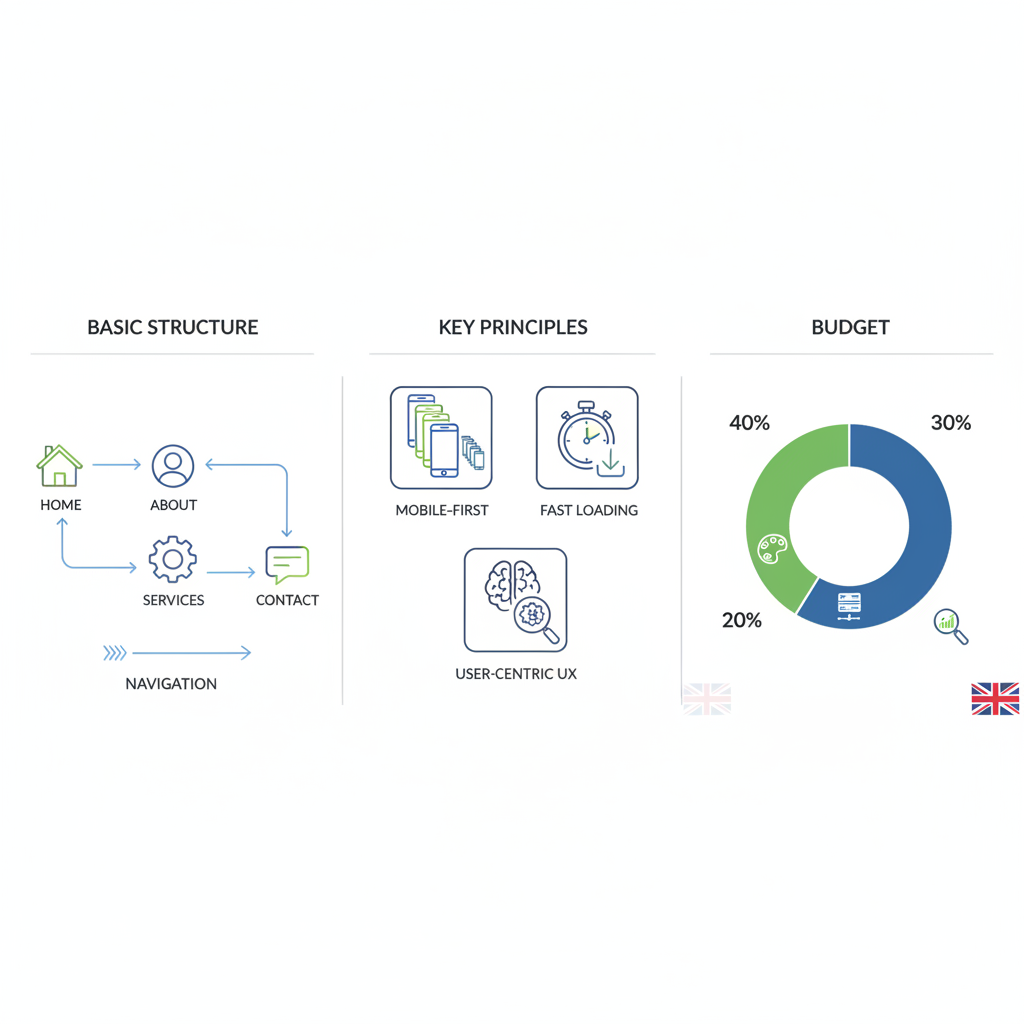 Infographic illustrating website design fundamentals including structure, principles, and budget for UK small businesses