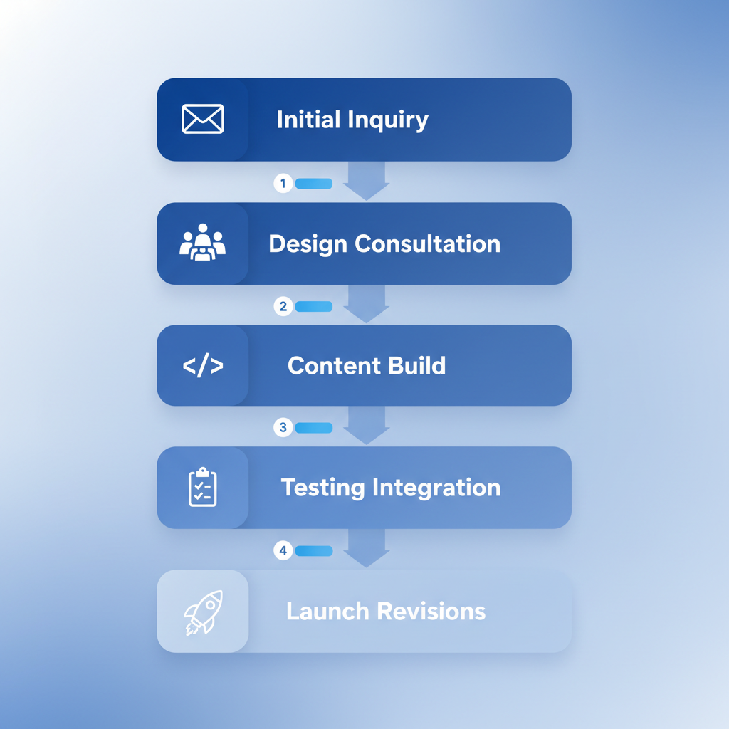 Vertical process flow diagram illustrating five key stages of website implementation for small UK businesses, including icons for inquiry, consultation, build, testing, and launch.