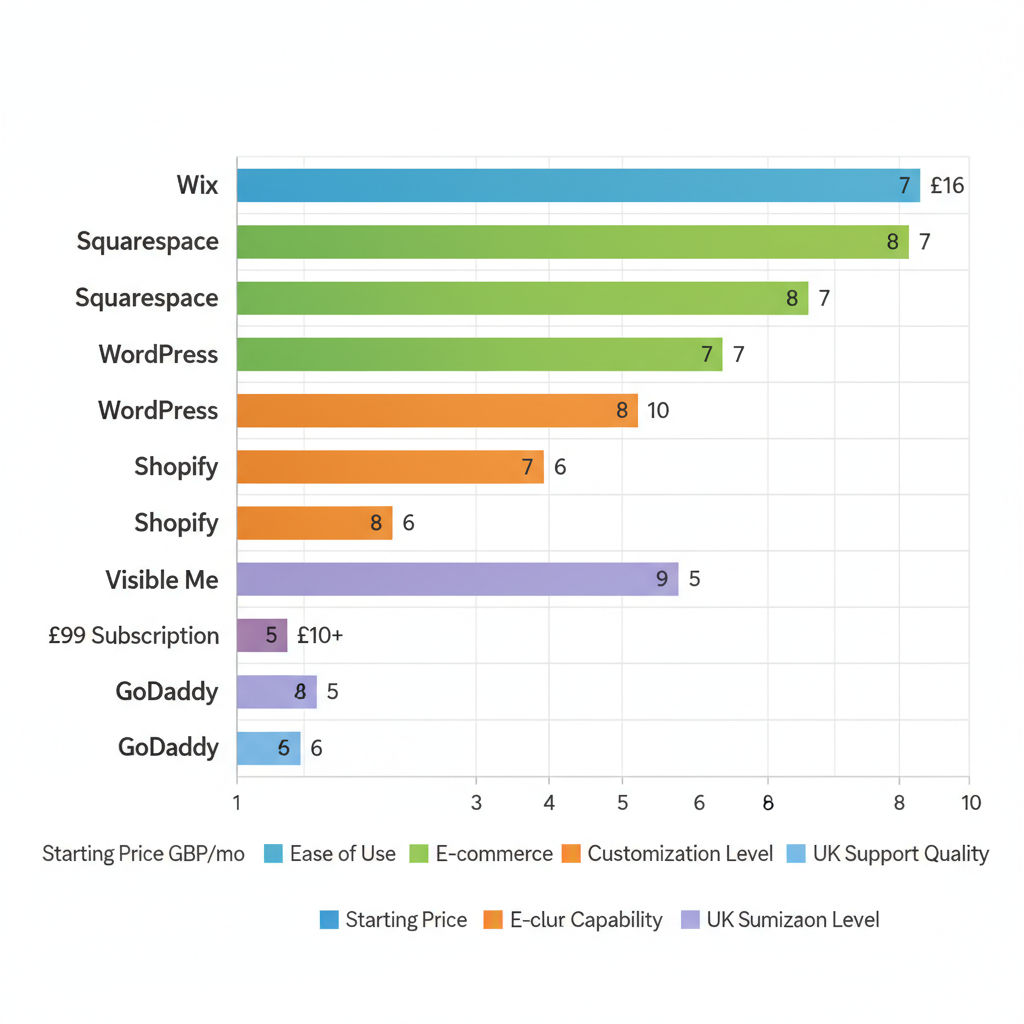 Horizontal bar chart comparing website builders by price, ease, e-commerce, customization, and UK support ratings