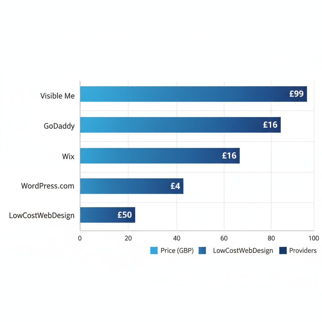 Horizontal bar chart comparing starting monthly prices of UK budget web design providers including Visible Me at £99, GoDaddy at £10.99, Wix at £16, WordPress.com at £4, and LowCostWebDesign at £50.