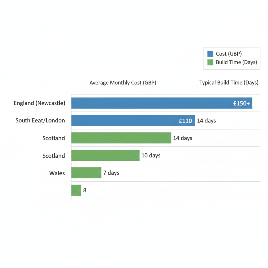 Horizontal bar chart comparing average monthly web design costs and build times across UK regions including England Newcastle, South East London, Scotland, and Wales.