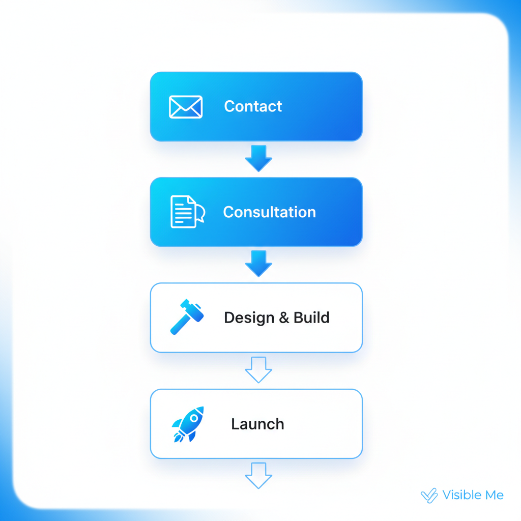 Vertical process flow illustrating the five steps to launch a website with Visible Me