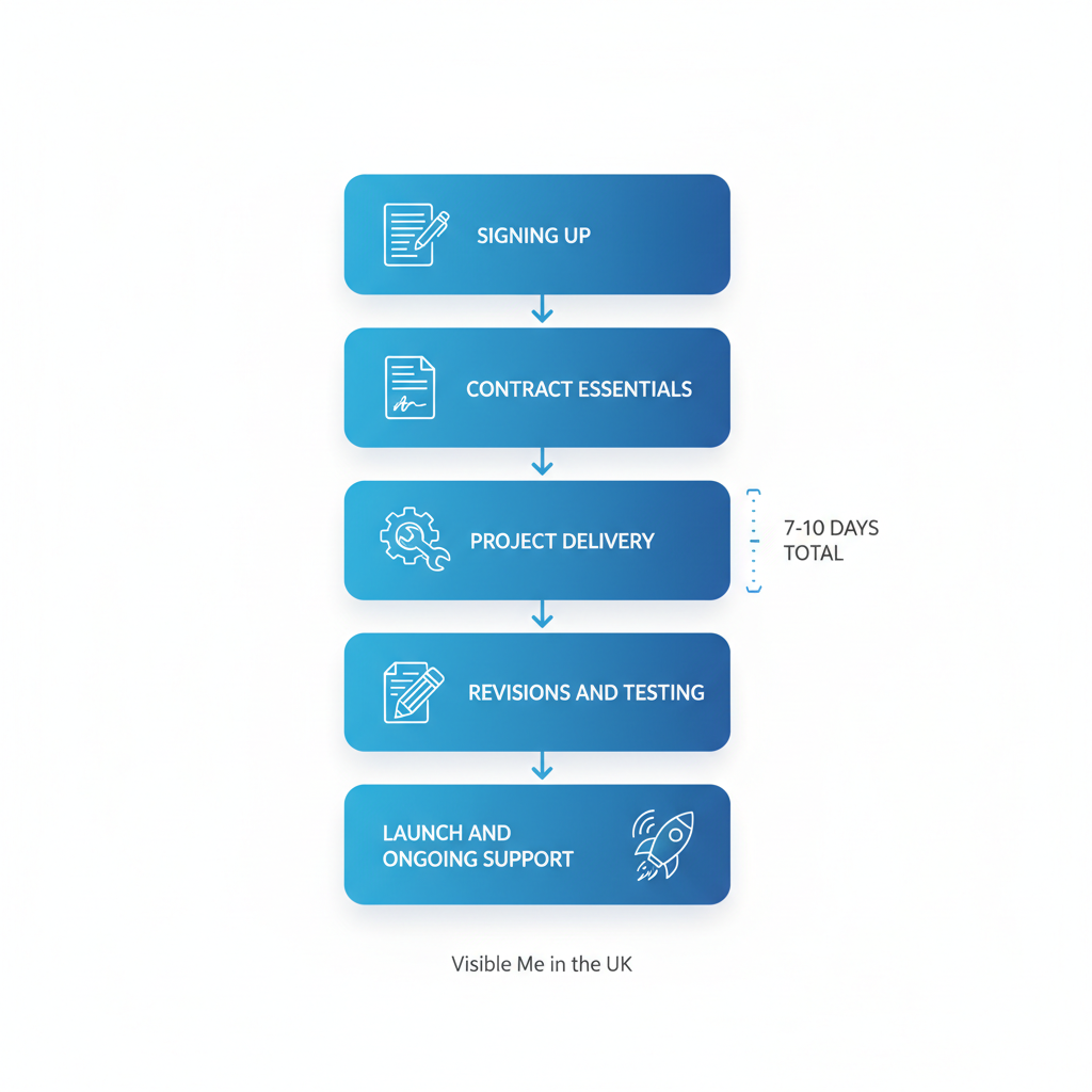 Vertical flowchart illustrating the five stages of implementing pay monthly website subscriptions with Visible Me, including icons and timelines