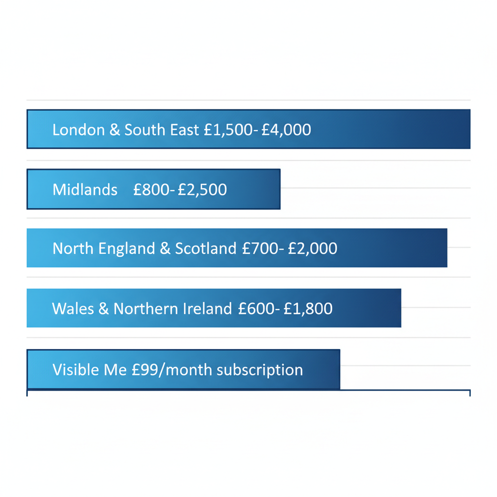 Horizontal bar chart comparing average one-time costs for basic web design sites across UK regions including Visible Me subscription option.