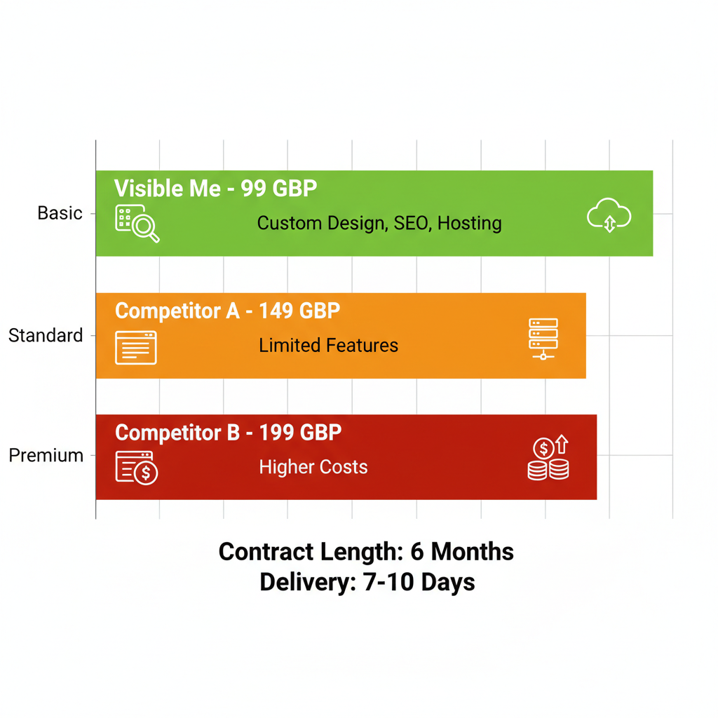 Horizontal bar chart comparing Visible Me monthly website plans against competitors, showing pricing tiers and key features