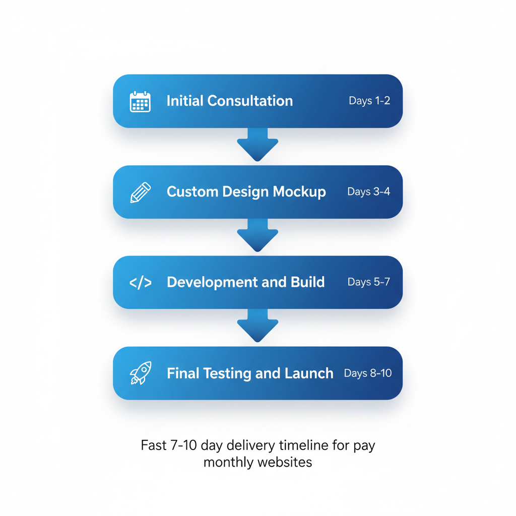 Vertical process flow diagram illustrating the 7-10 day website delivery timeline with four connected stages and icons.