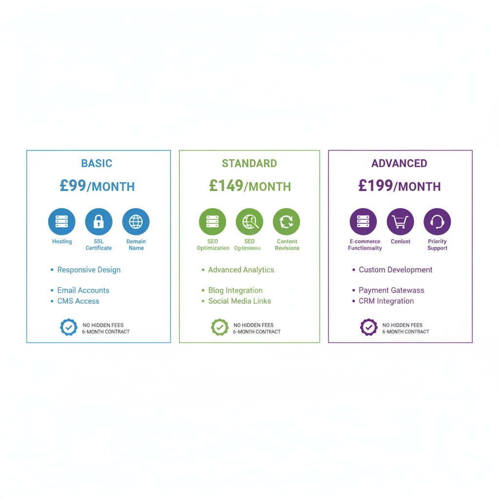 Infographic of three pricing tiers for monthly websites in the UK, showing features and costs from 99 to 199 GBP.