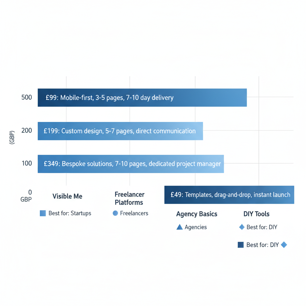 Bar chart comparing starting prices and key features of UK web design providers: Visible Me, Freelancer Platforms, Agency Basics, and DIY Tools.