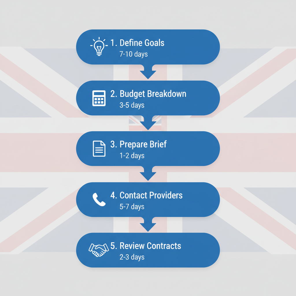 Vertical process flow illustrating five key stages for starting a budget web design project in the UK: define goals, budget breakdown, prepare brief, contact providers, and review contracts with icons and timelines.