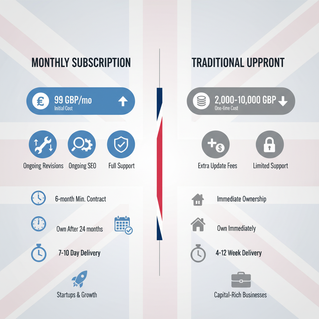 Infographic comparing monthly subscription website plans versus upfront payment models for UK businesses, featuring costs, support, and delivery details with icons.