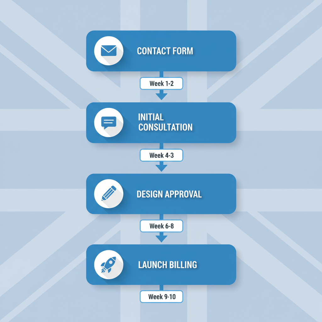 Vertical process flow illustrating five key steps to launch a monthly website for UK businesses