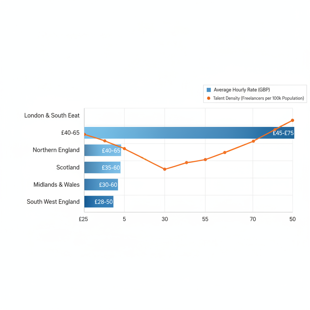 Horizontal bar chart comparing average hourly rates for freelance web designers in UK regions with secondary talent density line.
