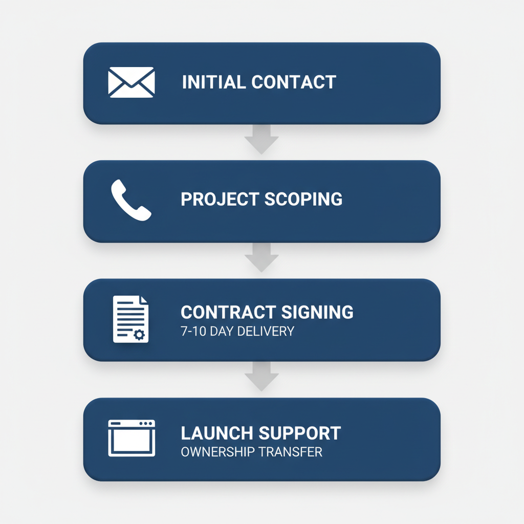Vertical process flow diagram illustrating four key steps to launch a website with freelance assistance: initial contact, project scoping, contract signing, and launch with support.