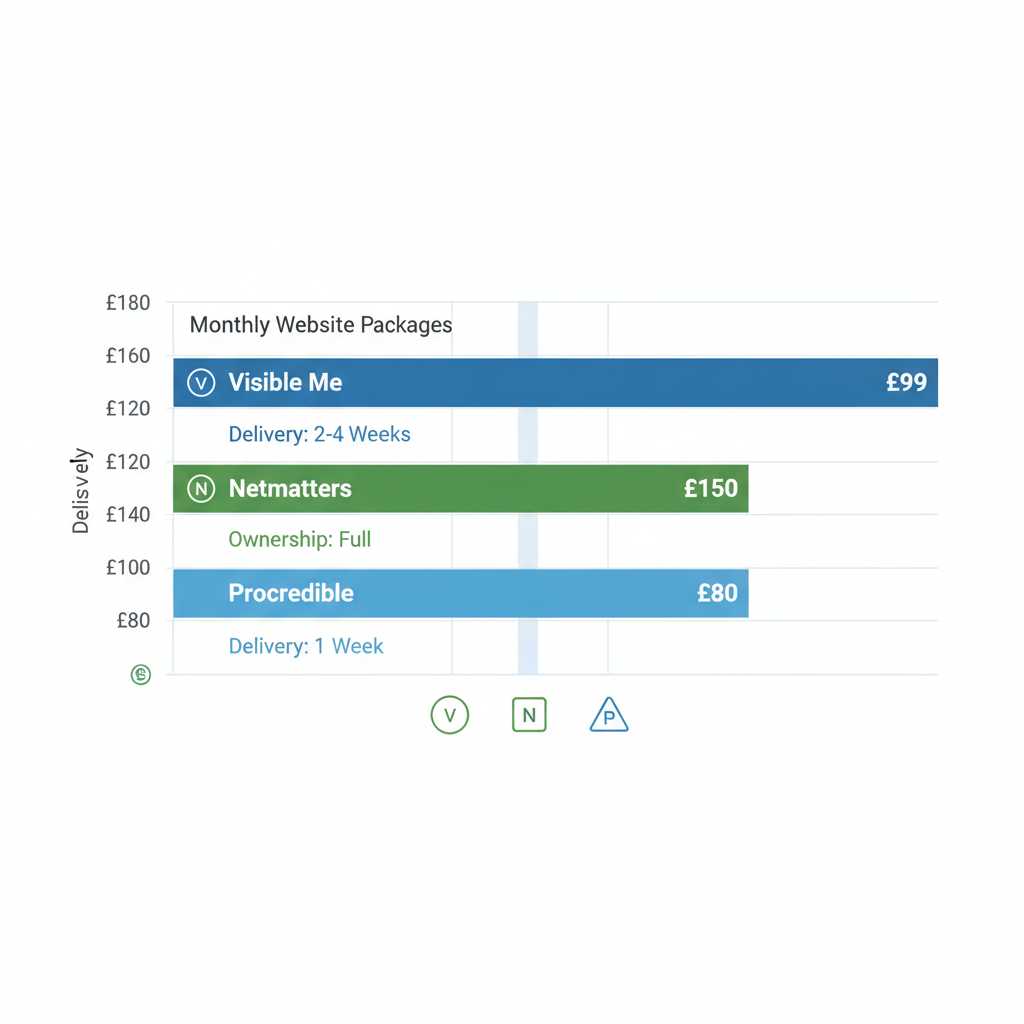 Horizontal bar chart comparing monthly website package prices, delivery times, and ownership for Visible Me, Netmatters, and Procredible for UK SMEs.
