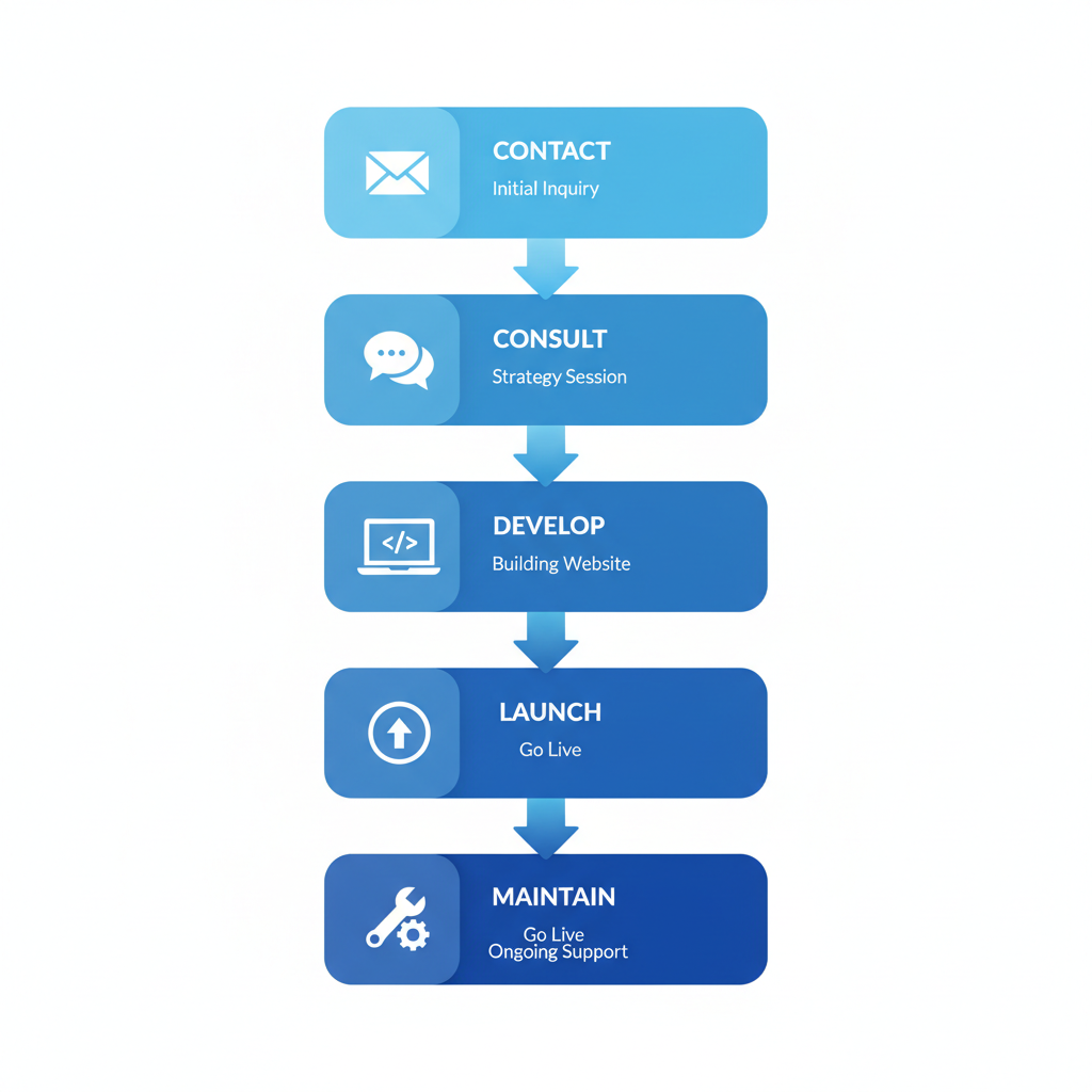 Vertical process flow illustrating five steps to launch a monthly website plan with Visible Me