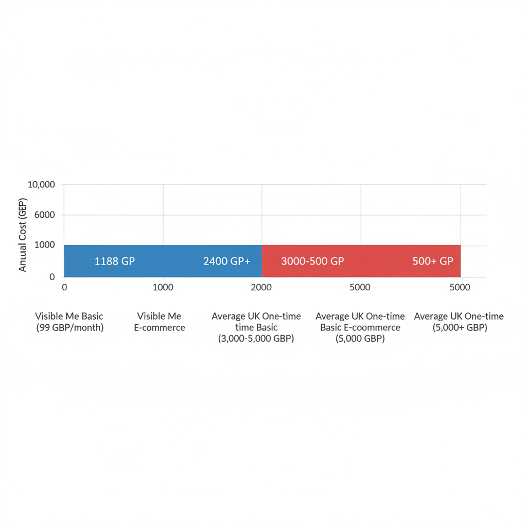 Horizontal bar chart illustrating annual costs of Visible Me monthly subscription plans compared to average one-time UK website design fees for basic and e-commerce sites.