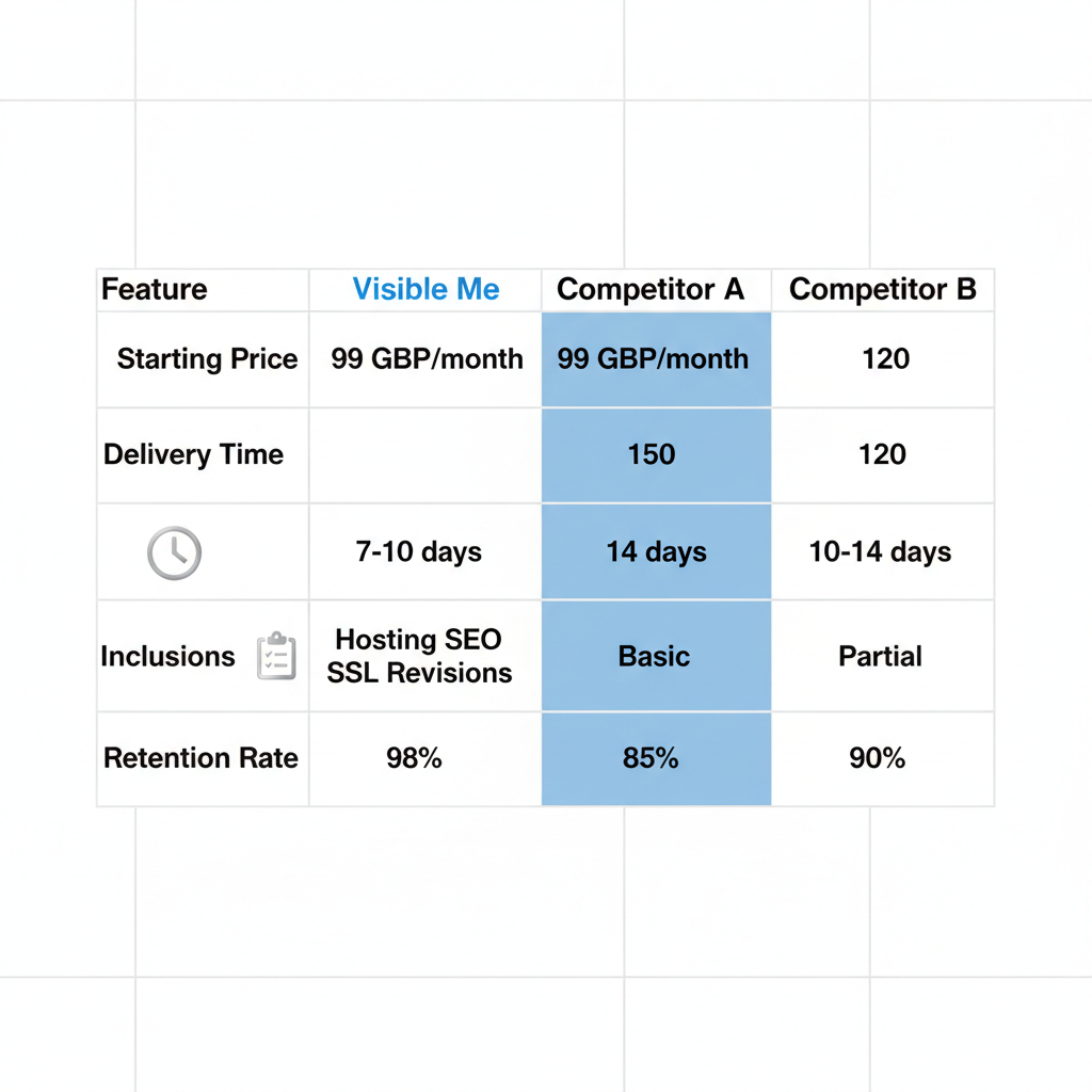 Infographic table comparing Visible Me web design subscription features, pricing, delivery times, inclusions, and retention rates with two competitors.