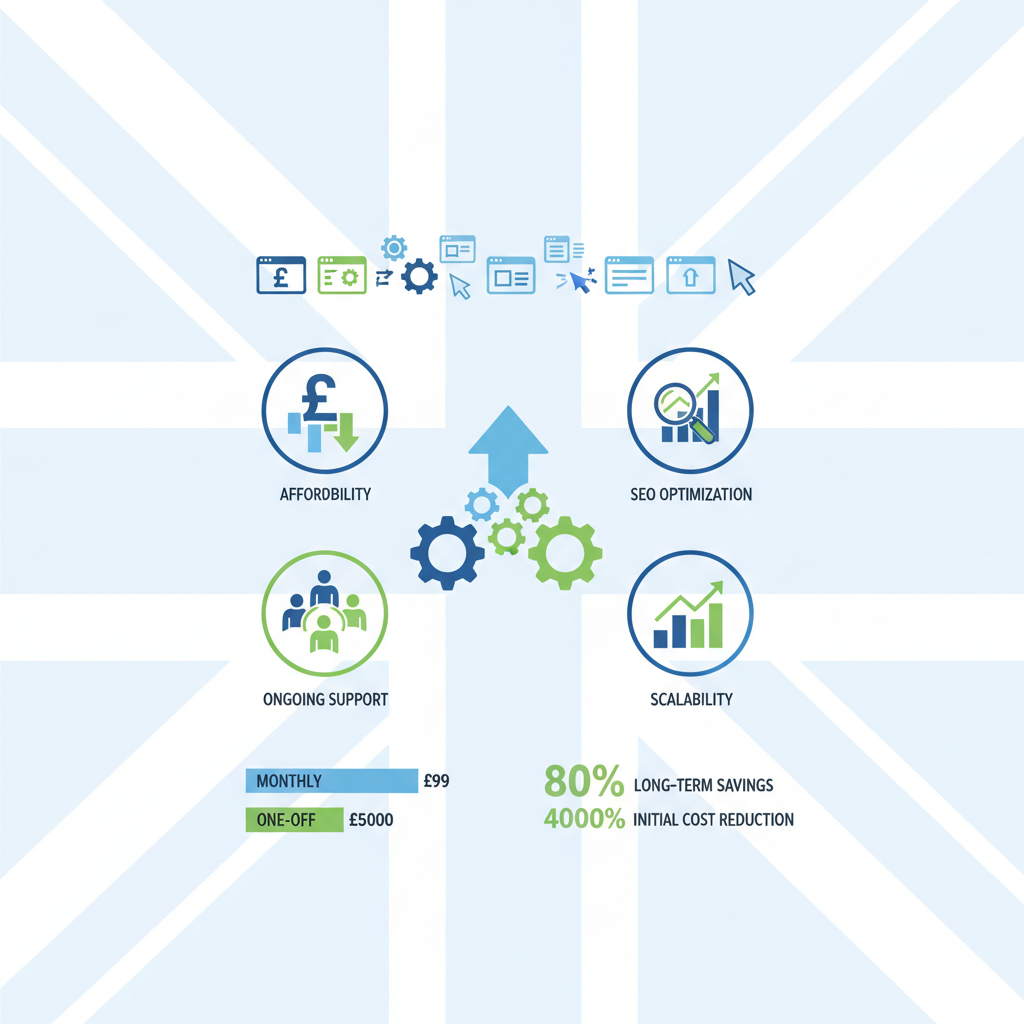 Infographic showing benefits of pay monthly website builders for UK small businesses including affordability, support, SEO, and scalability with tool previews and cost comparisons