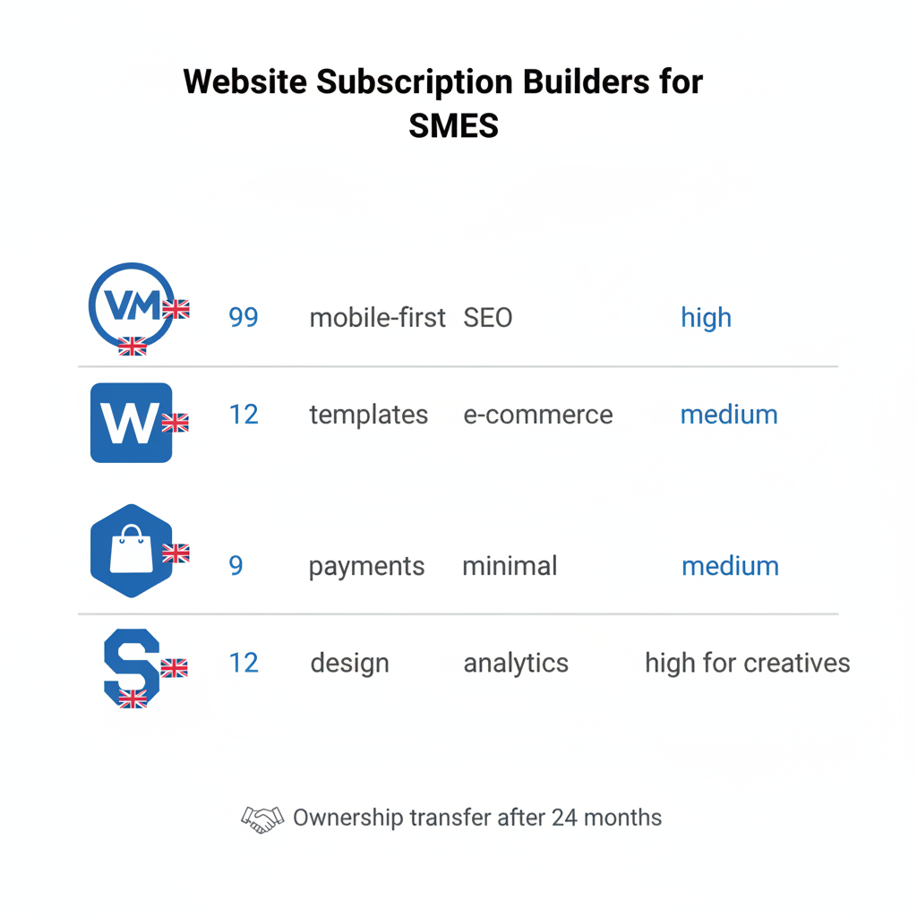 Infographic comparing top UK website builders Visible Me, Wix, Shopify Lite, and Squarespace by price, features, and small business suitability.