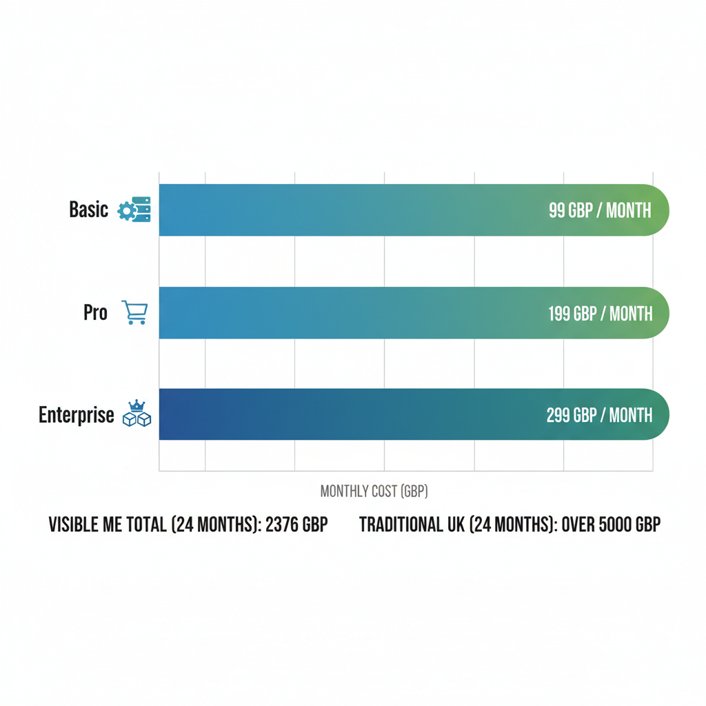 Horizontal bar chart comparing Visible Me's monthly website subscription tiers costs in GBP against traditional options