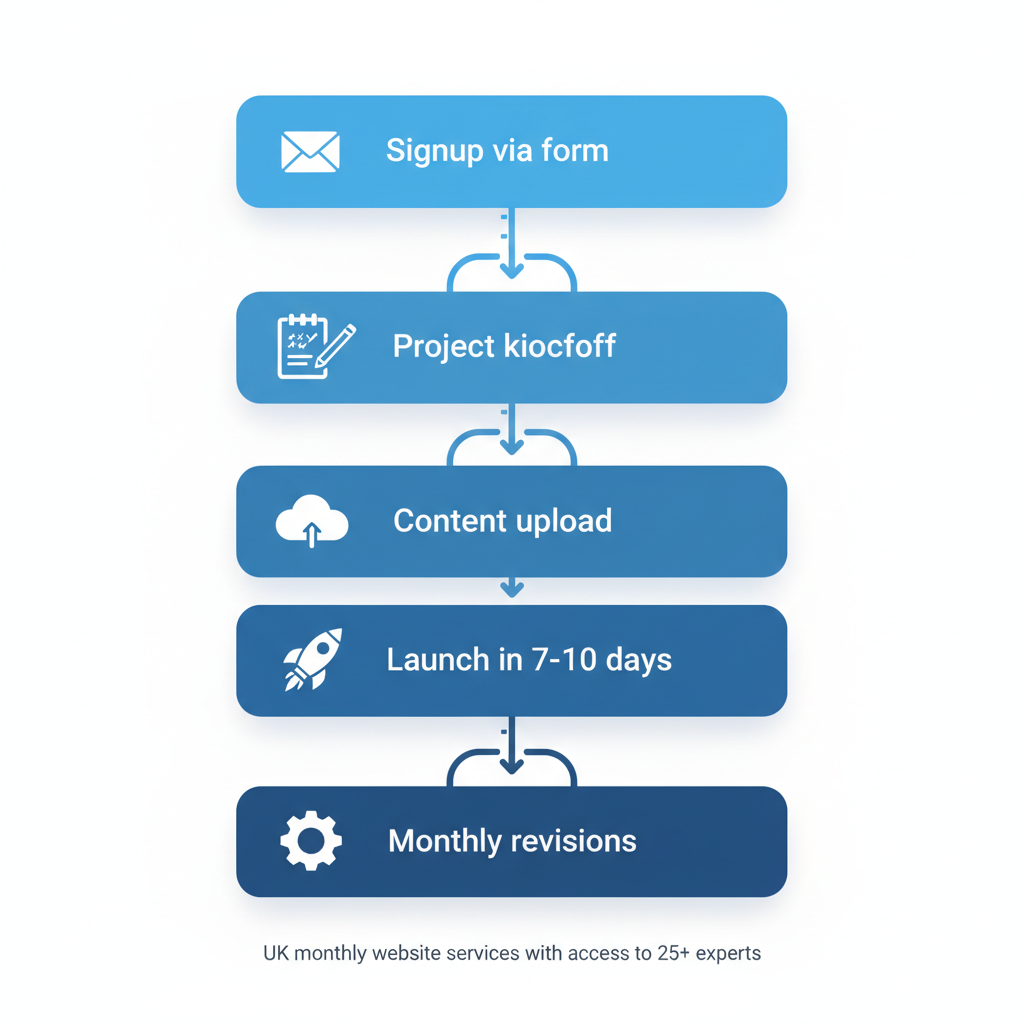 Vertical process flow diagram outlining onboarding steps for Visible Me's monthly website services in the UK