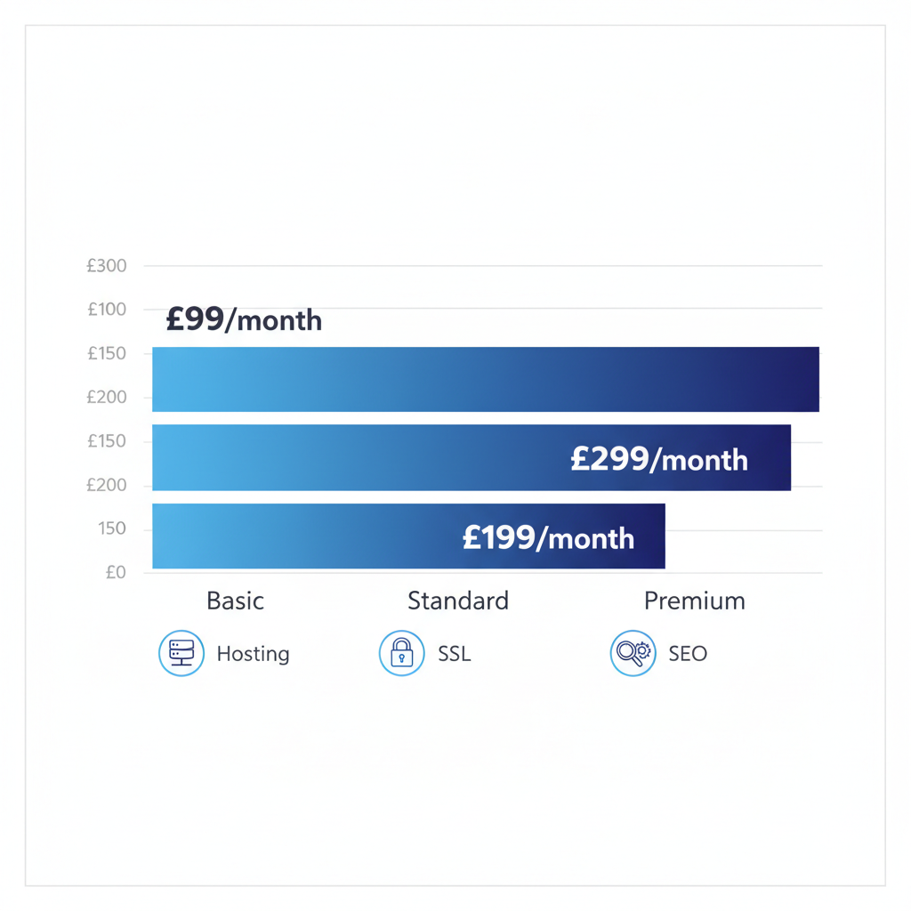 Horizontal bar chart of pay monthly web design pricing tiers in the UK, showing Basic, Standard, and Premium plans with costs and key features.