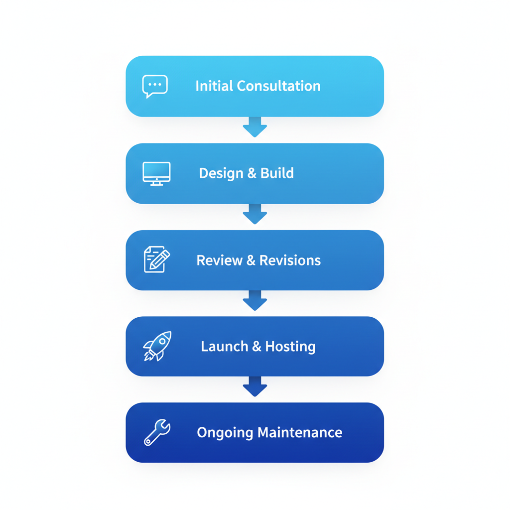 Vertical process flow illustrating five stages of no upfront cost web design from consultation to maintenance