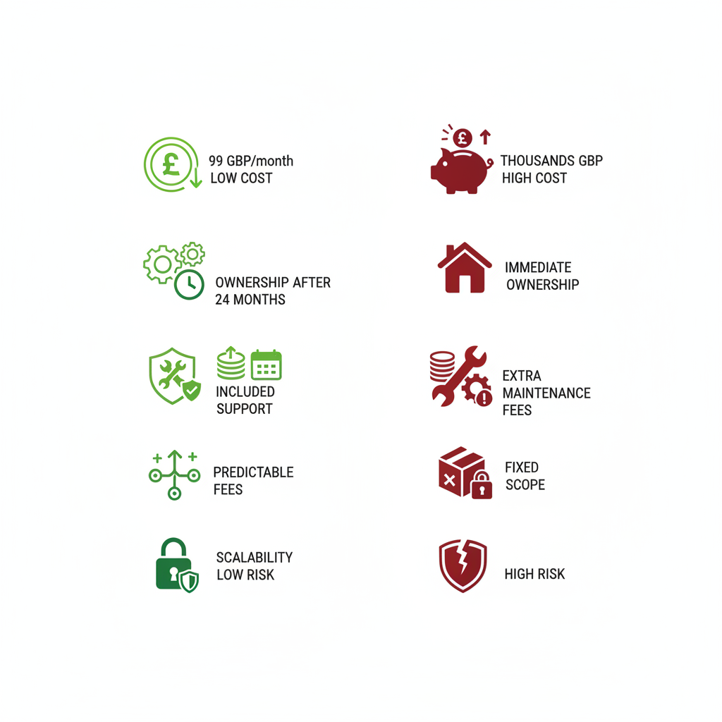 Infographic comparing monthly and upfront payment models for website design in the UK
