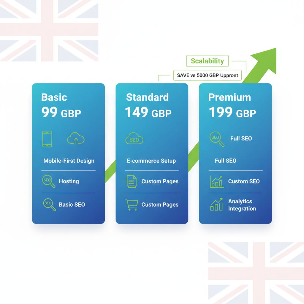 Infographic illustrating three pricing tiers for affordable pay-monthly website design services in the UK, including Basic, Standard, and Premium plans with icons for features and savings comparison.